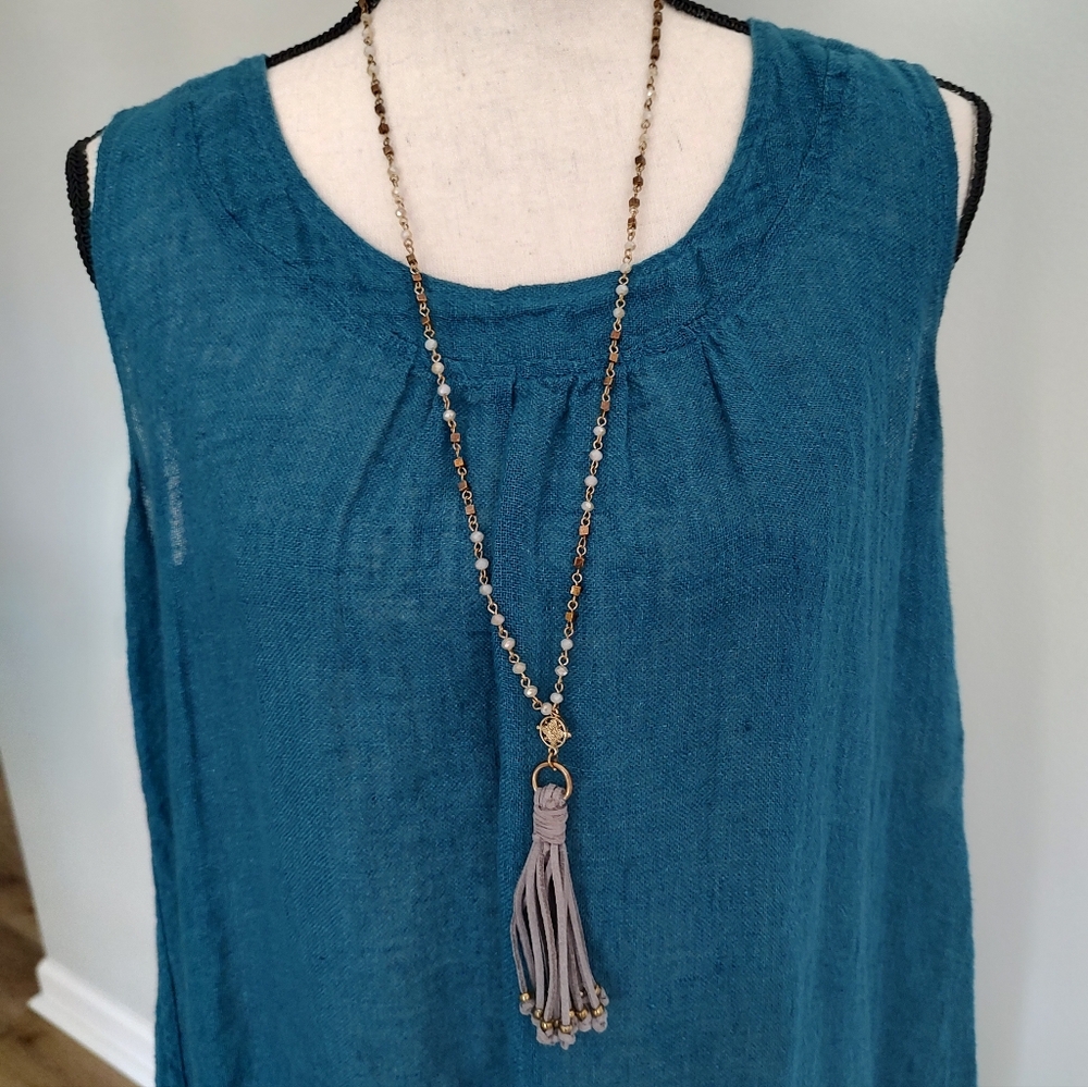 Leather And Beaded Tassel Drop Necklace Cocoa Tan